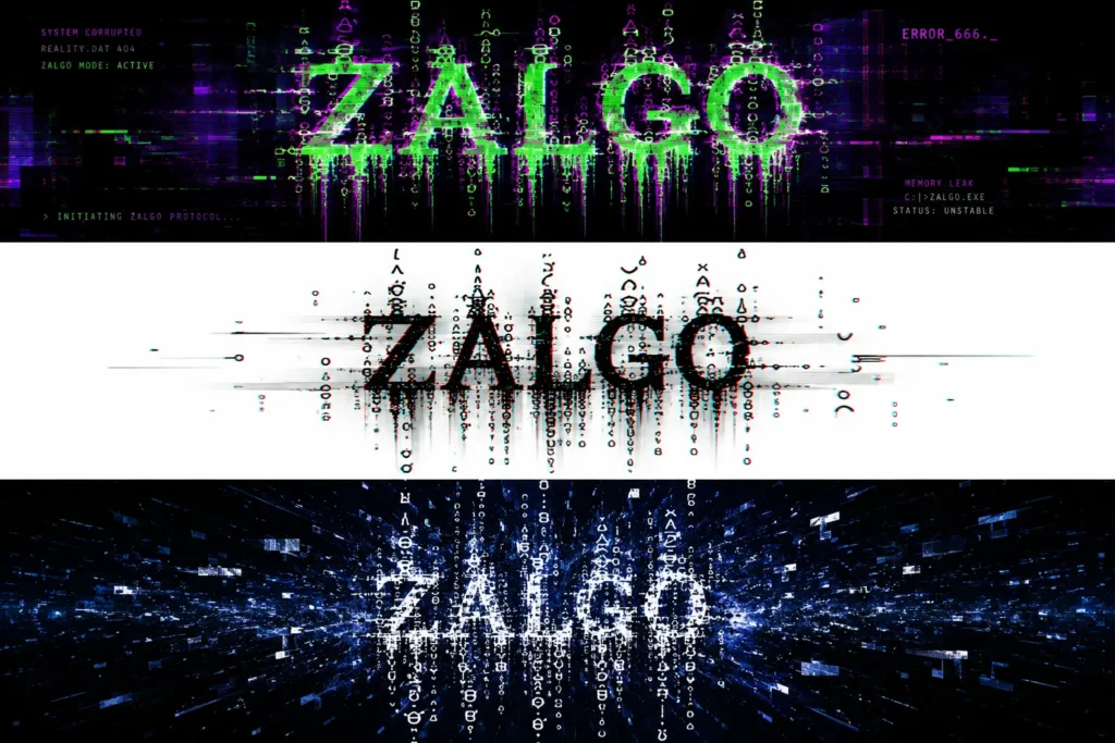 Three-panel digital artwork showing the word “ZALGO” in different glitch and distortion styles, including neon cyberpunk corruption, minimal black-on-white fragmentation, and a deep blue cosmic explosion effect with digital noise and data particles.
