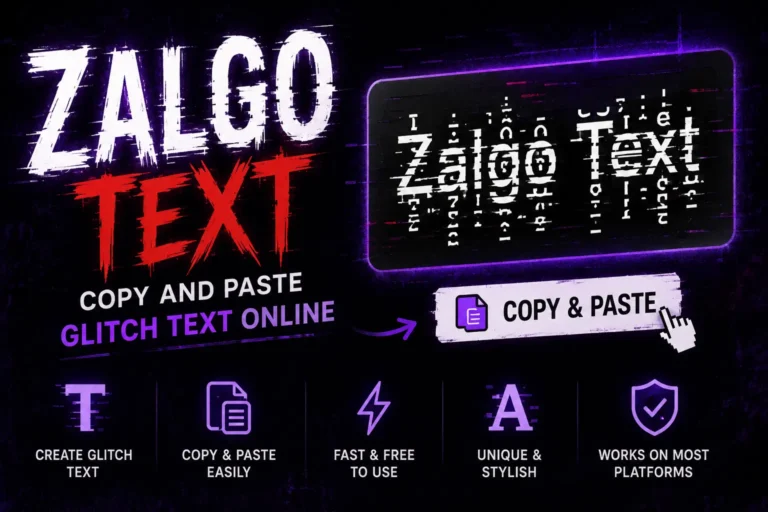 Dark glitch-style banner for Zalgo Text Generator showing copy and paste glitch text online feature with neon cyberpunk design and distorted text effect