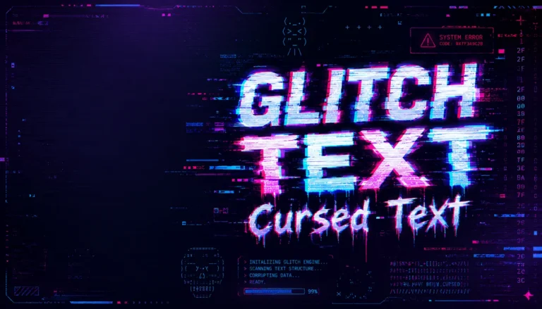 Cyberpunk glitch text generator banner featuring distorted GLITCH TEXT and Cursed Text typography with neon blue, purple, and pink digital effects on a futuristic tech background.